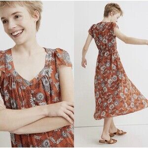 Madewell Sheer-Sleeve Button-Front Midi Dress in Gathered Blooms Size 6